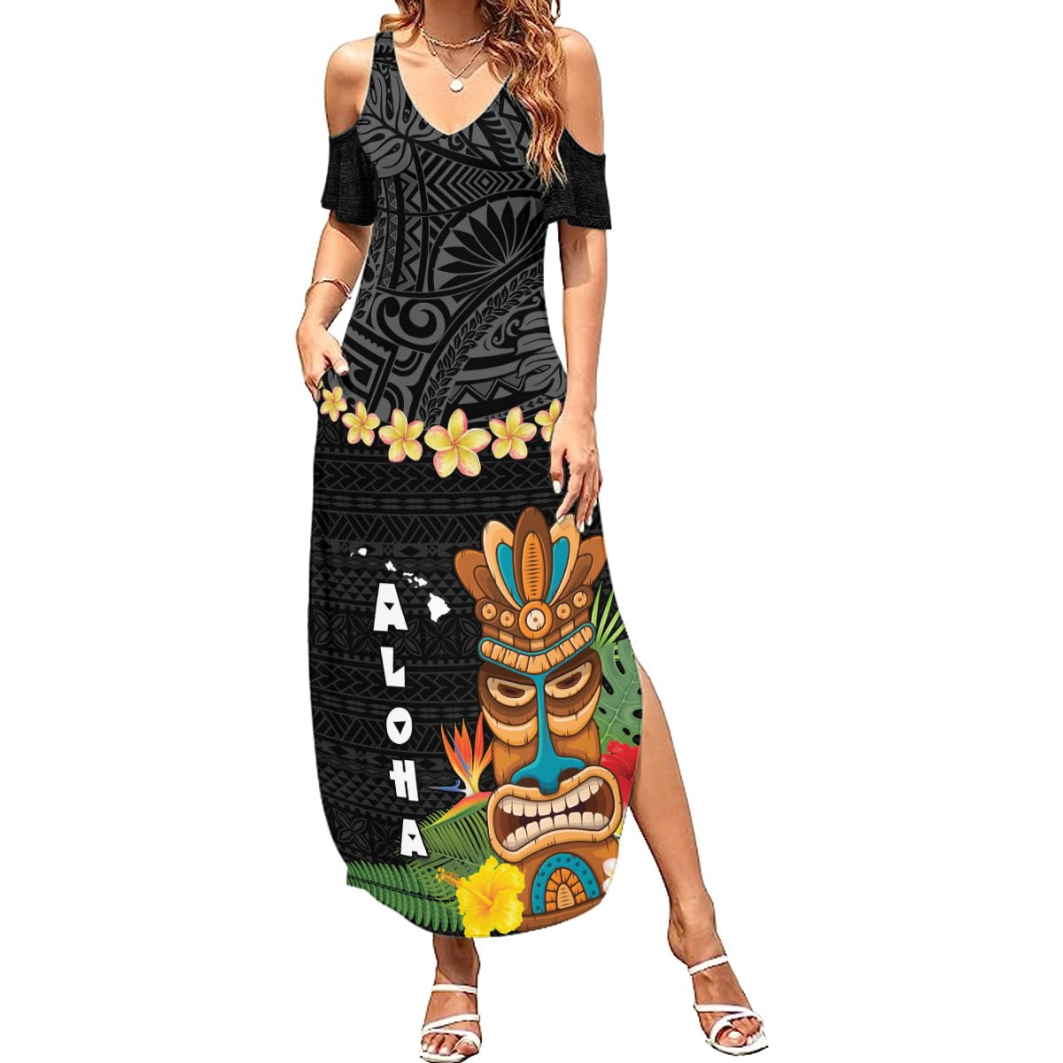 Hawaii Plumeria Lei Summer Maxi Dress Tiki and Kakau Pattern Black Color