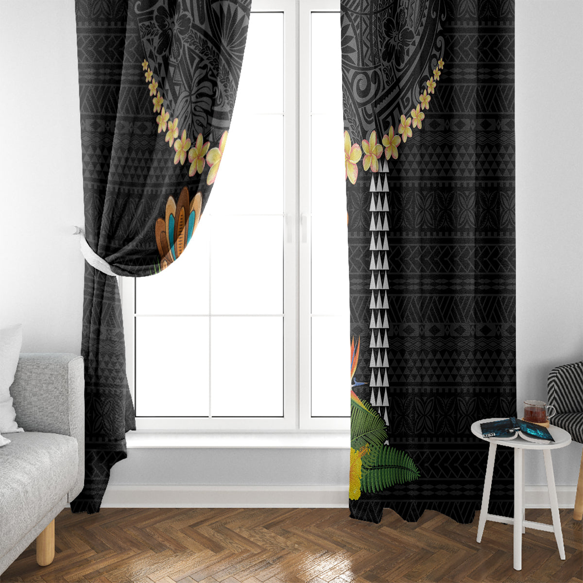 Hawaii Plumeria Lei Window Curtain Tiki and Kakau Pattern Black Color