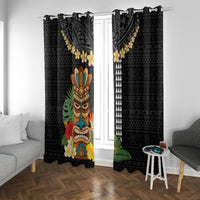 Hawaii Plumeria Lei Window Curtain Tiki and Kakau Pattern Black Color