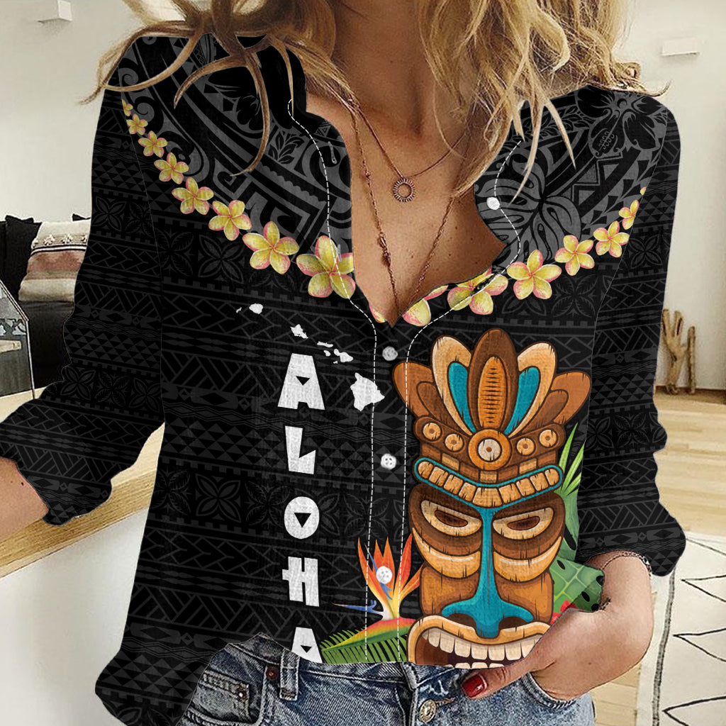Hawaii Plumeria Lei Women Casual Shirt Tiki and Kakau Pattern Black Color