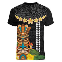 Hawaii Plumeria Lei Women V-Neck T-Shirt Tiki and Kakau Pattern Black Color