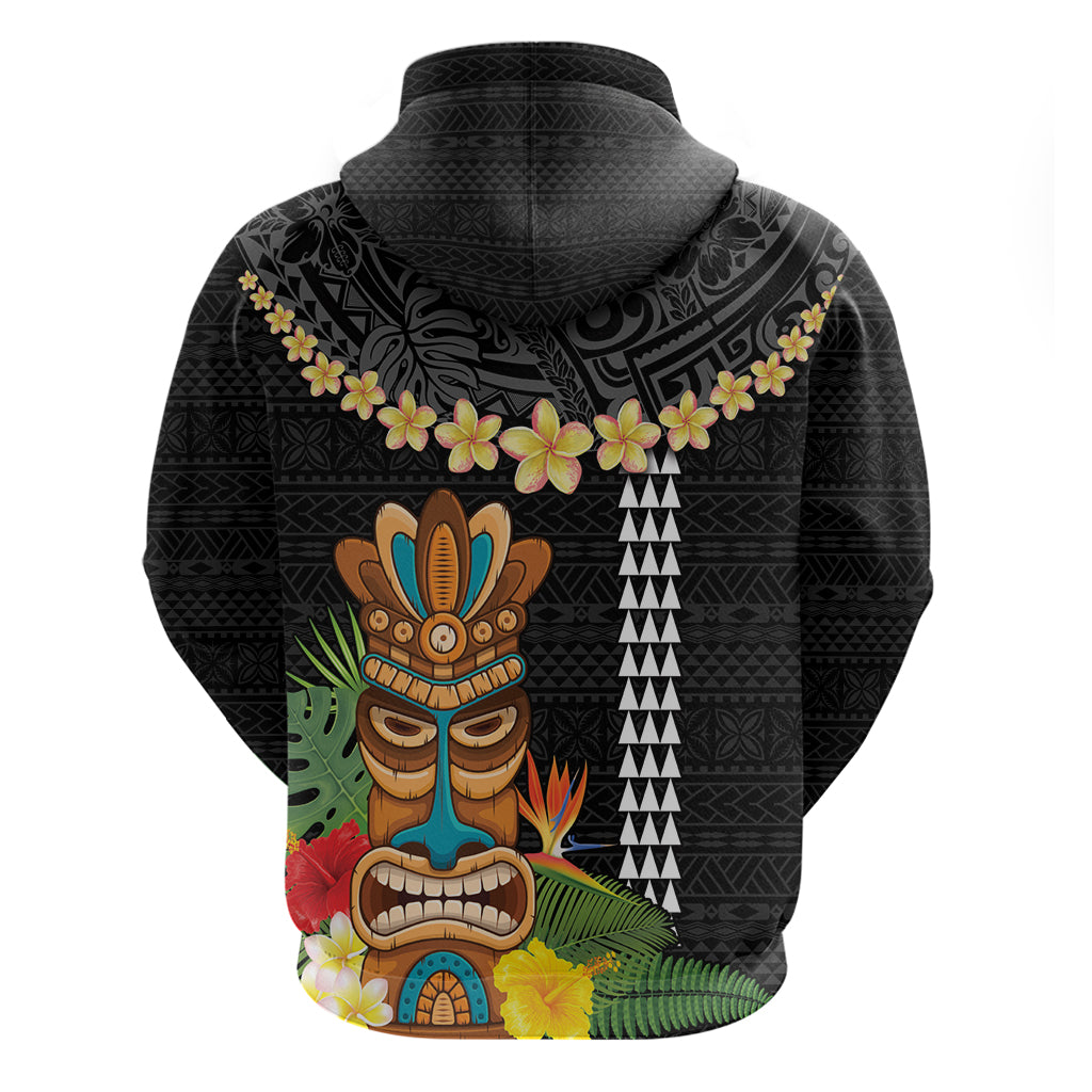 Hawaii Plumeria Lei Zip Hoodie Tiki and Kakau Pattern Black Color
