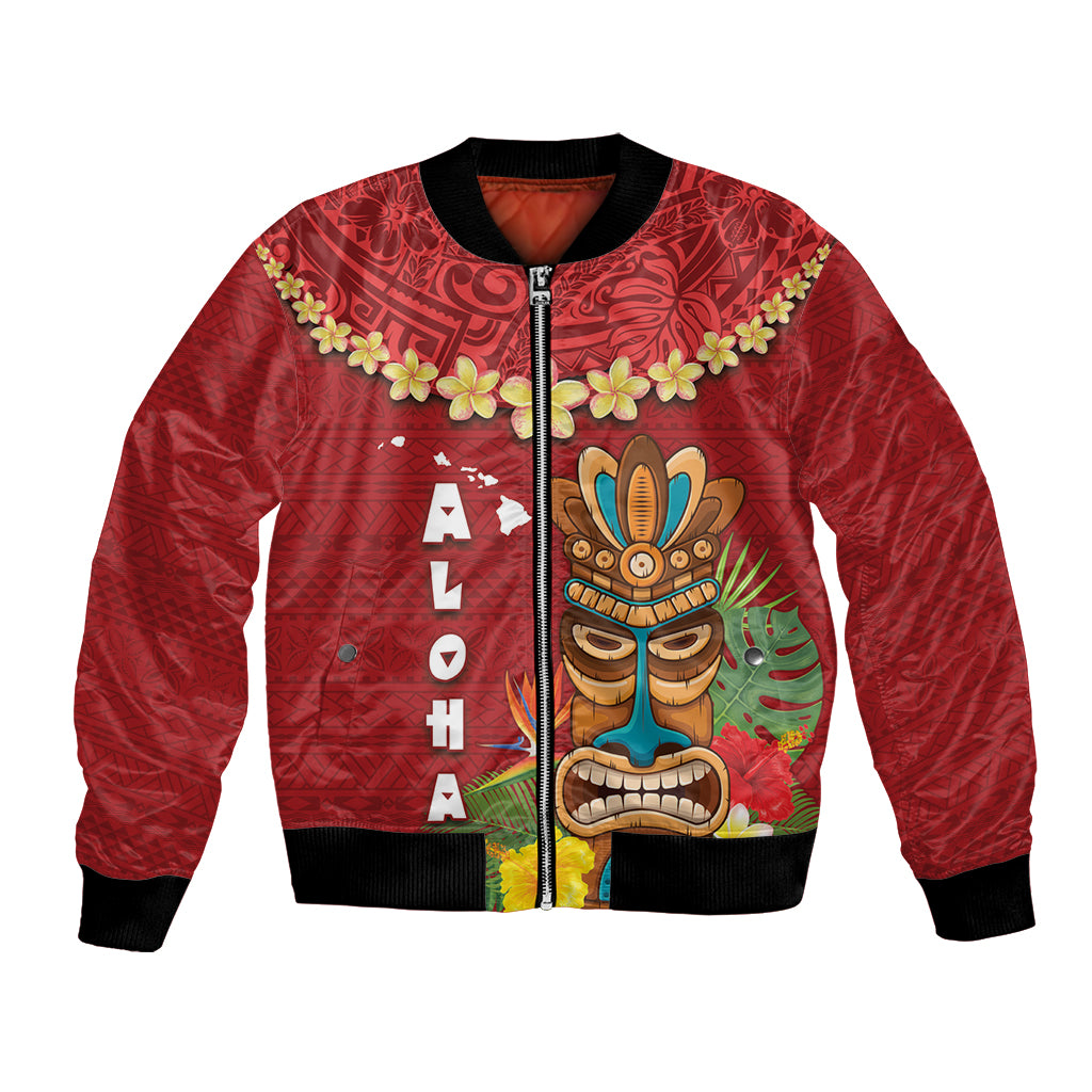 Hawaii Plumeria Lei Bomber Jacket Tiki and Kakau Pattern Red Color