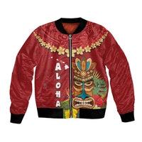 Hawaii Plumeria Lei Bomber Jacket Tiki and Kakau Pattern Red Color