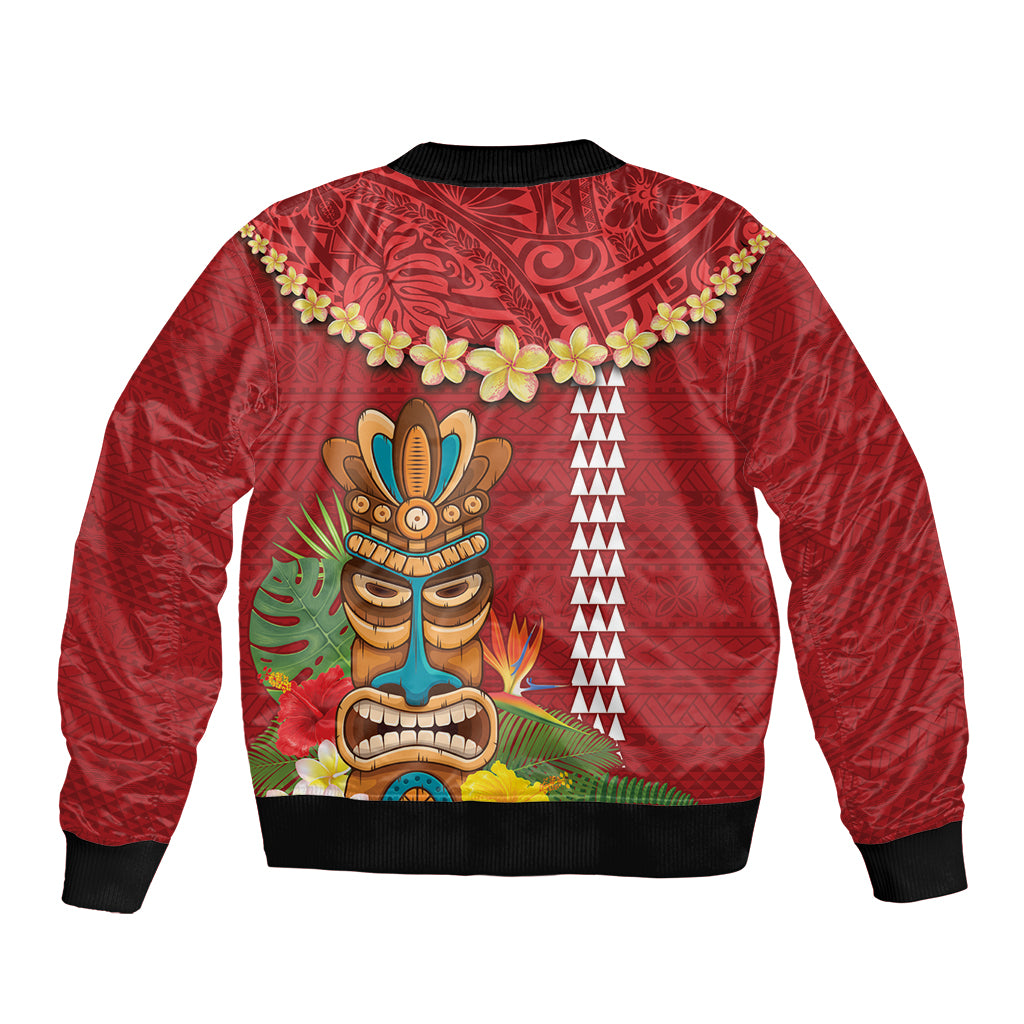 Hawaii Plumeria Lei Bomber Jacket Tiki and Kakau Pattern Red Color