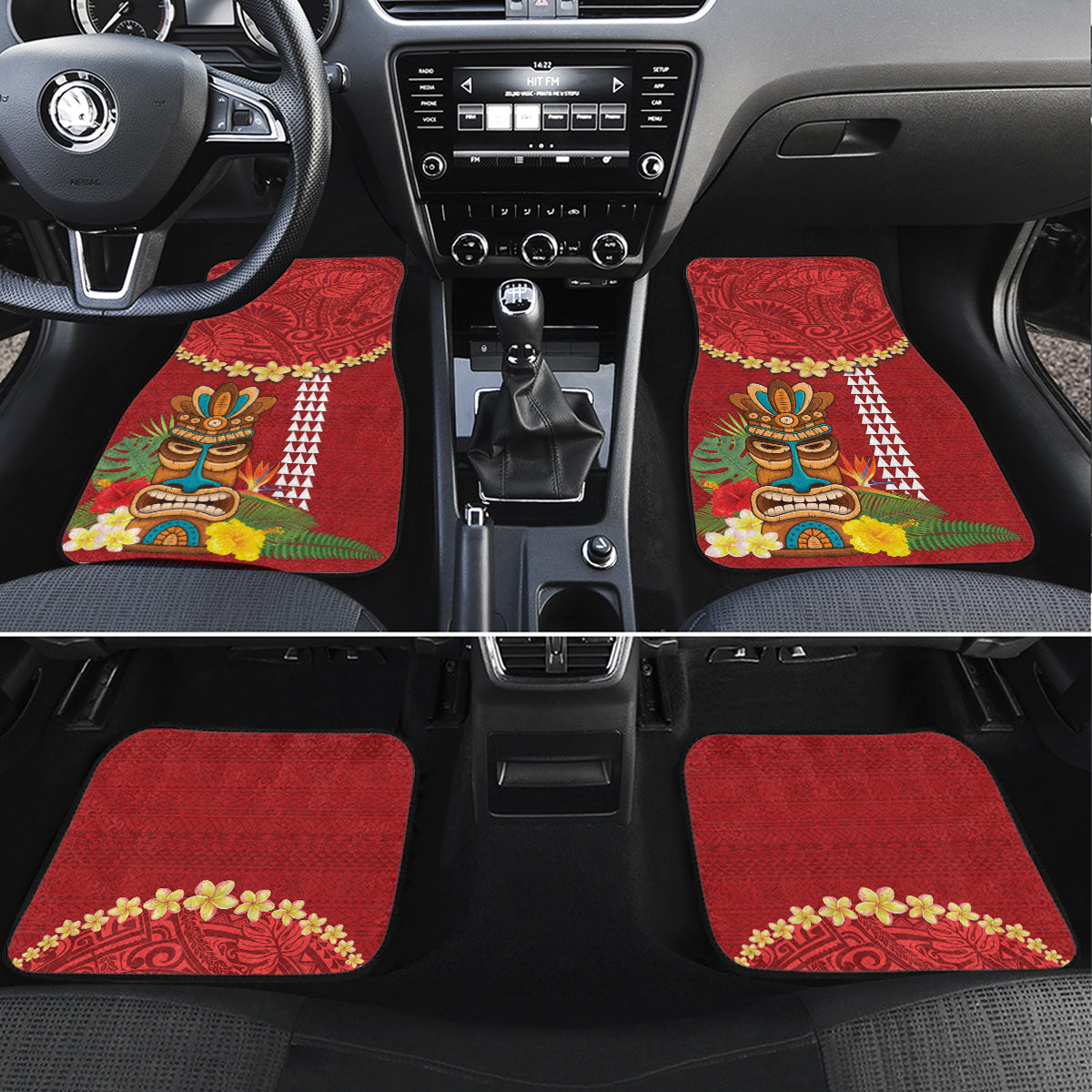 Hawaii Plumeria Lei Car Mats Tiki and Kakau Pattern Red Color