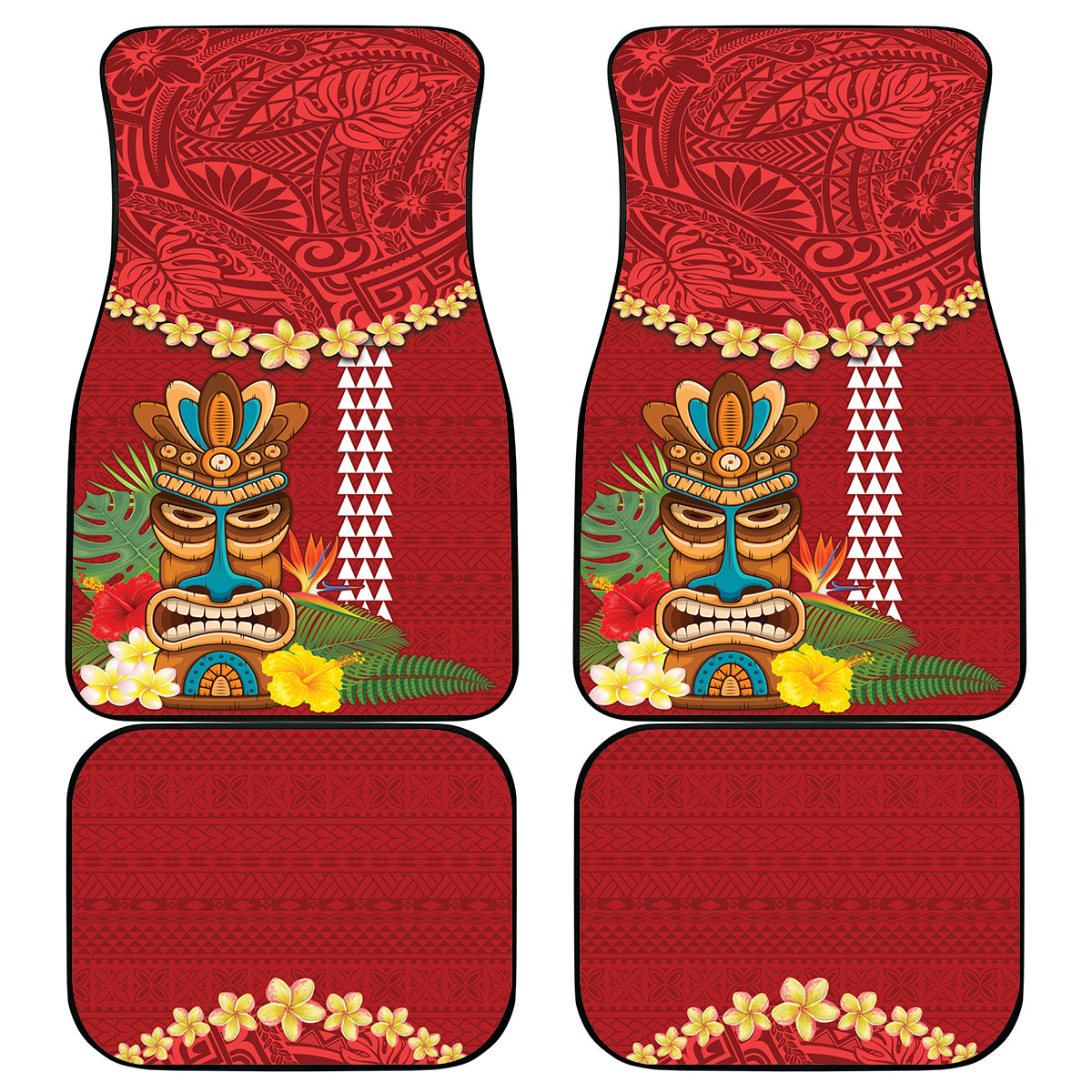 Hawaii Plumeria Lei Car Mats Tiki and Kakau Pattern Red Color