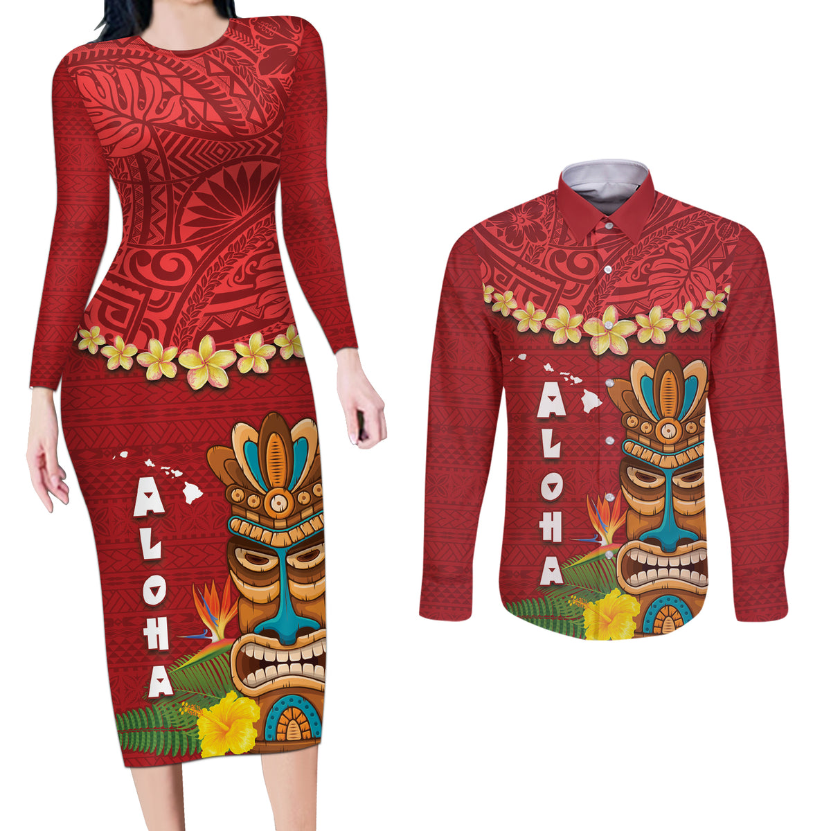 Hawaii Plumeria Lei Couples Matching Long Sleeve Bodycon Dress and Long Sleeve Button Shirt Tiki and Kakau Pattern Red Color