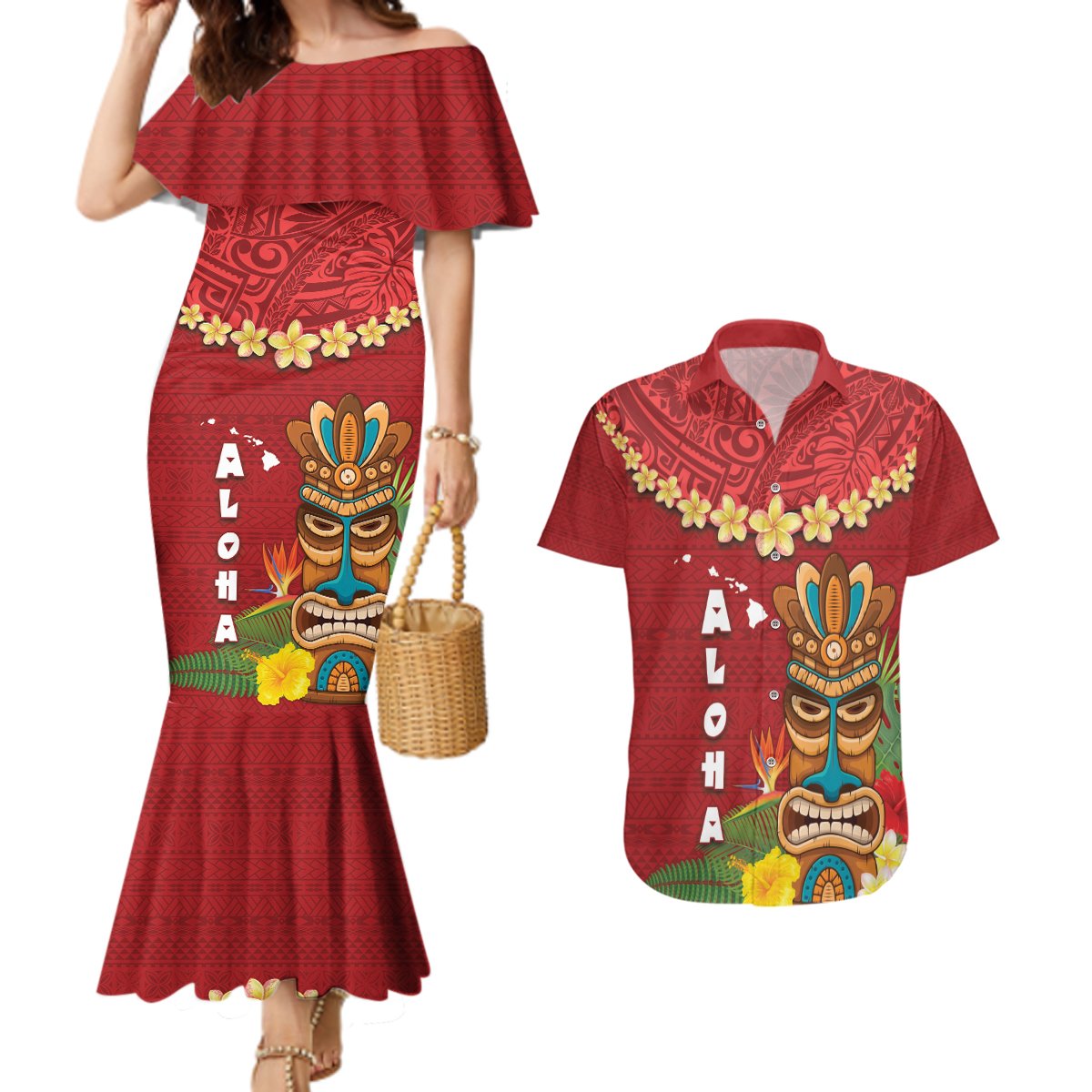 Hawaii Plumeria Lei Couples Matching Mermaid Dress and Hawaiian Shirt Tiki and Kakau Pattern Red Color LT03 Red - Polynesian Pride