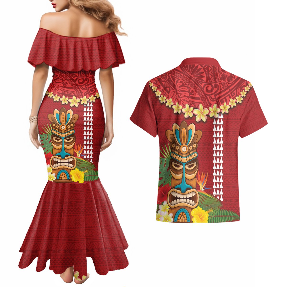 Hawaii Plumeria Lei Couples Matching Mermaid Dress and Hawaiian Shirt Tiki and Kakau Pattern Red Color LT03 - Polynesian Pride