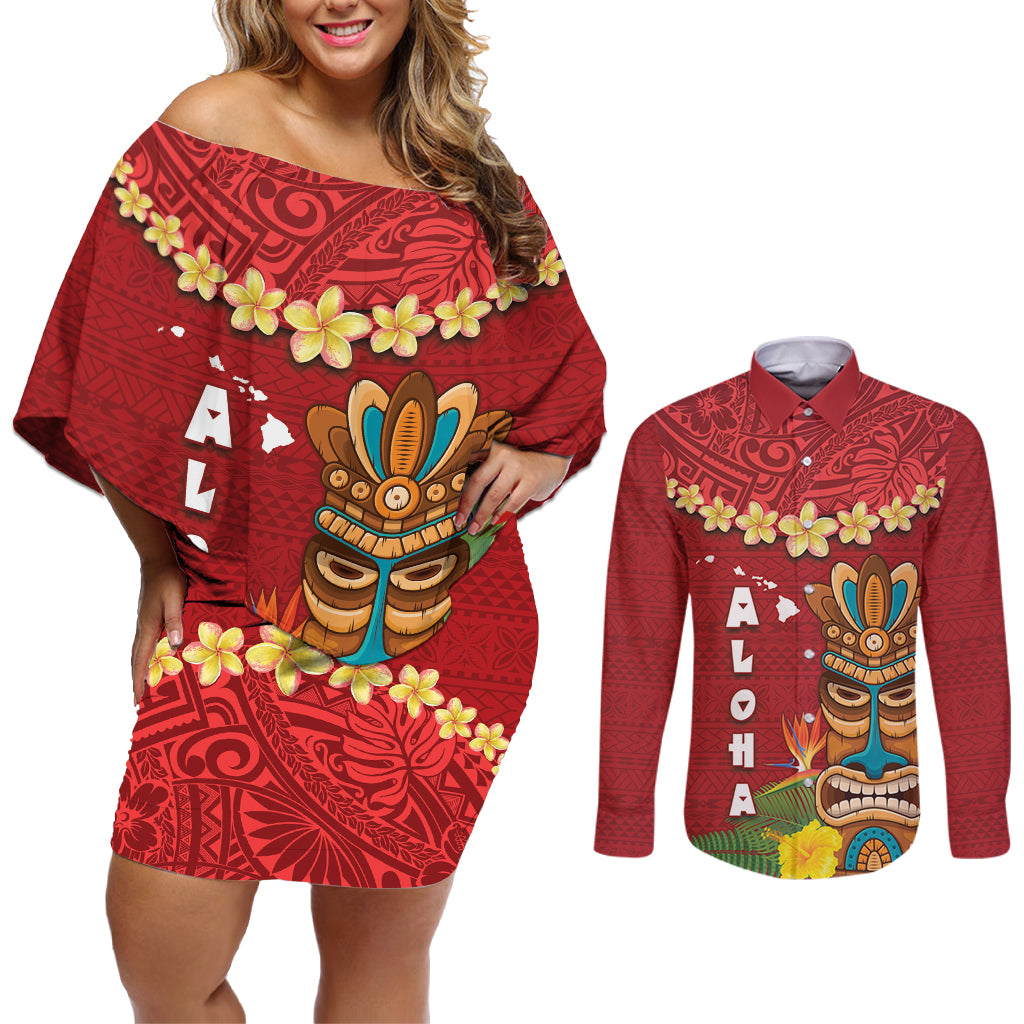 Hawaii Plumeria Lei Couples Matching Off Shoulder Short Dress and Long Sleeve Button Shirt Tiki and Kakau Pattern Red Color