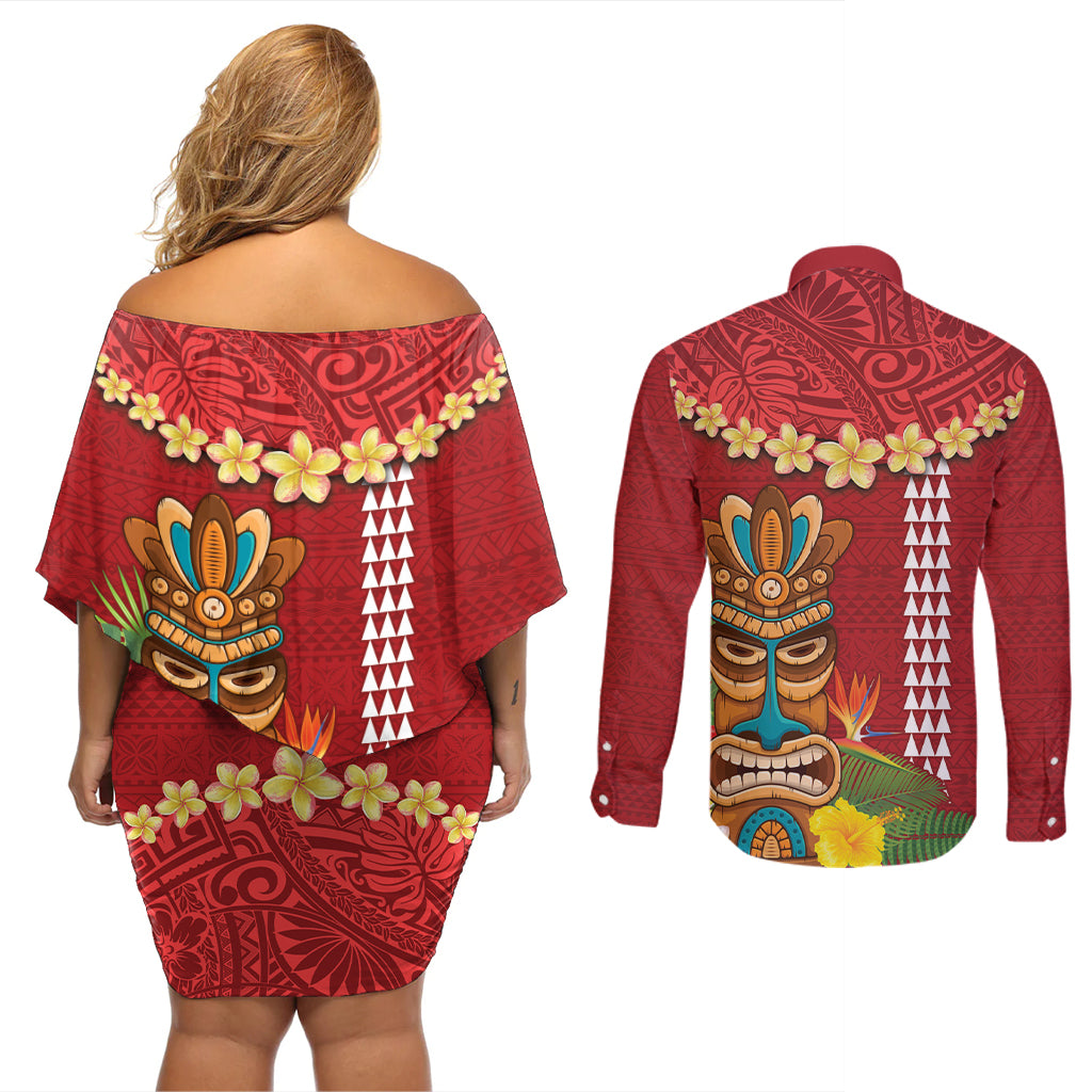 Hawaii Plumeria Lei Couples Matching Off Shoulder Short Dress and Long Sleeve Button Shirt Tiki and Kakau Pattern Red Color