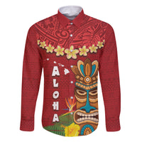 Hawaii Plumeria Lei Family Matching Long Sleeve Bodycon Dress and Hawaiian Shirt Tiki and Kakau Pattern Red Color