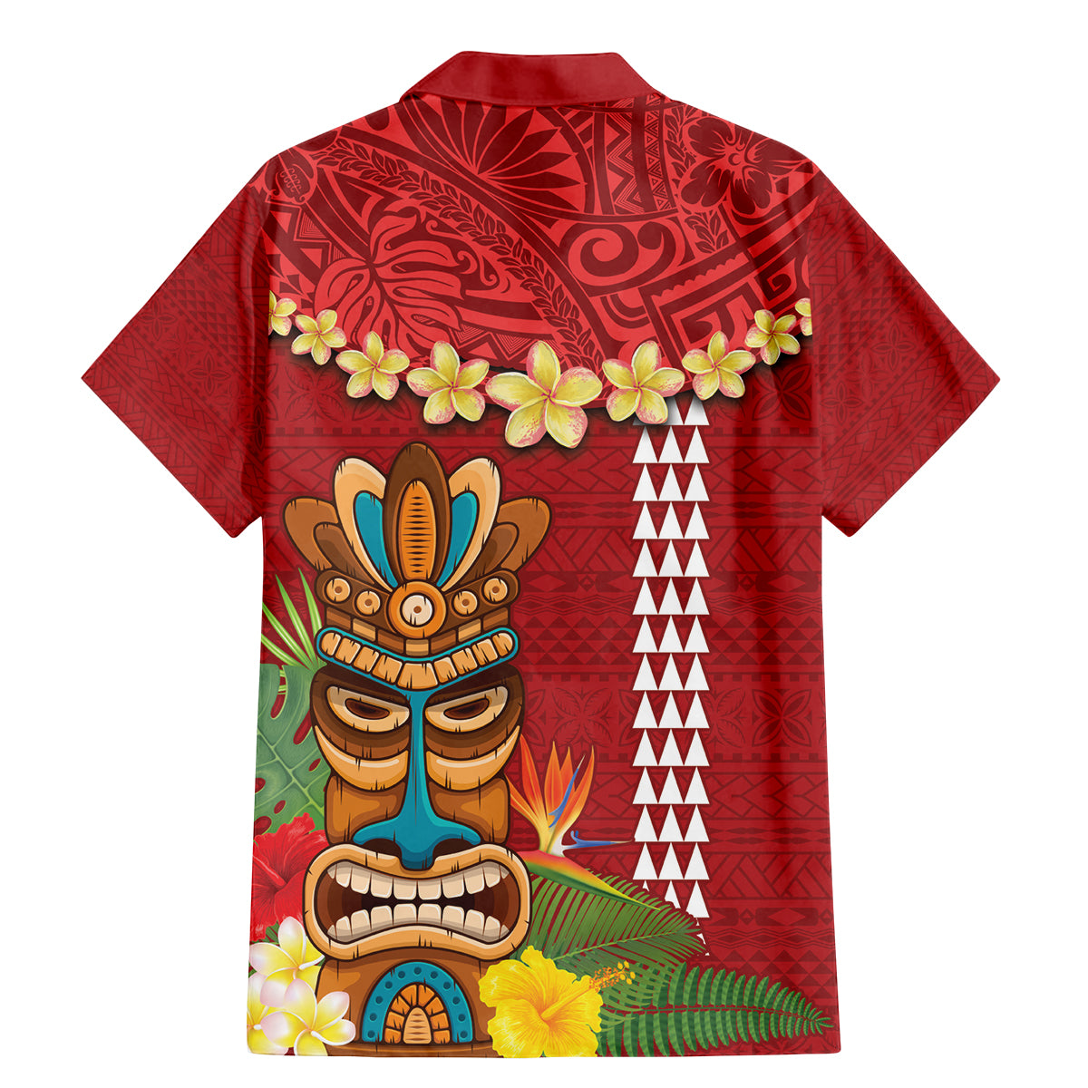 Hawaii Plumeria Lei Family Matching Mermaid Dress and Hawaiian Shirt Tiki and Kakau Pattern Red Color
