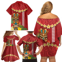 Hawaii Plumeria Lei Family Matching Off Shoulder Short Dress and Hawaiian Shirt Tiki and Kakau Pattern Red Color