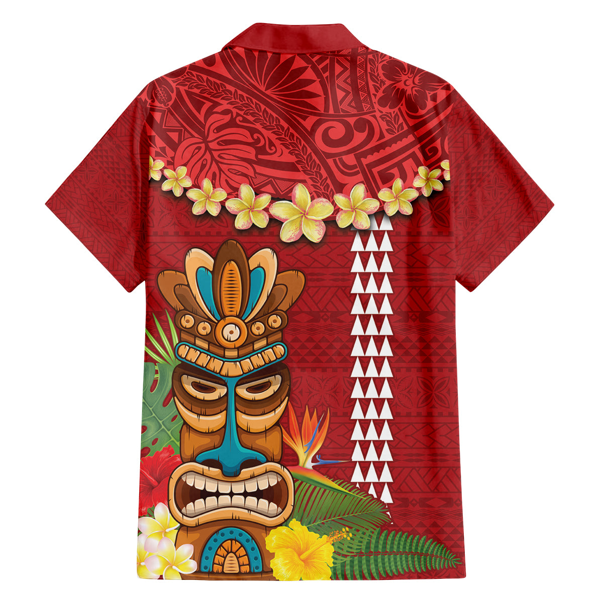 Hawaii Plumeria Lei Family Matching Off Shoulder Short Dress and Hawaiian Shirt Tiki and Kakau Pattern Red Color
