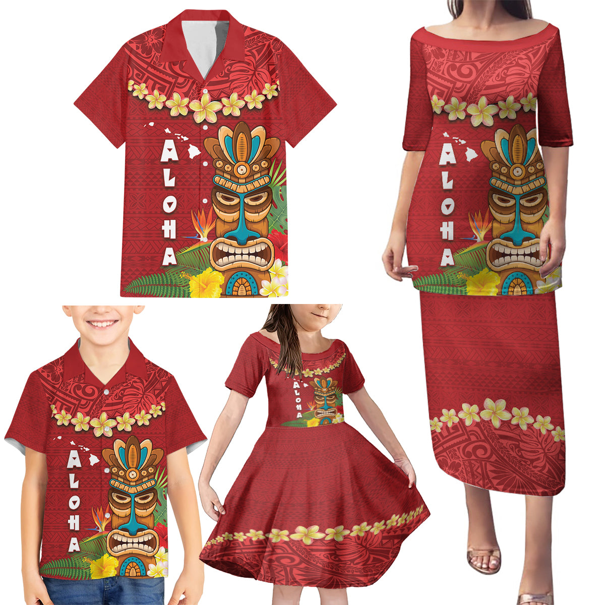Hawaii Plumeria Lei Family Matching Puletasi and Hawaiian Shirt Tiki and Kakau Pattern Red Color LT03 - Polynesian Pride