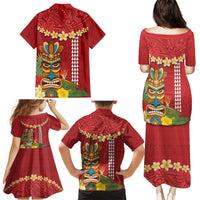 Hawaii Plumeria Lei Family Matching Puletasi and Hawaiian Shirt Tiki and Kakau Pattern Red Color LT03 - Polynesian Pride