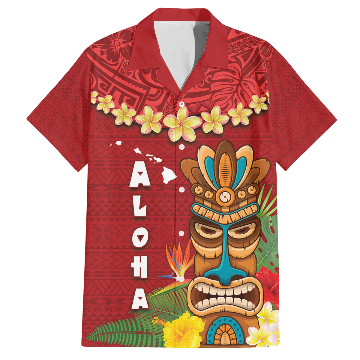 Hawaii Plumeria Lei Family Matching Puletasi and Hawaiian Shirt Tiki and Kakau Pattern Red Color LT03 Dad's Shirt - Short Sleeve Red - Polynesian Pride