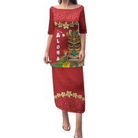 Hawaii Plumeria Lei Family Matching Puletasi and Hawaiian Shirt Tiki and Kakau Pattern Red Color LT03 Mom's Dress Red - Polynesian Pride