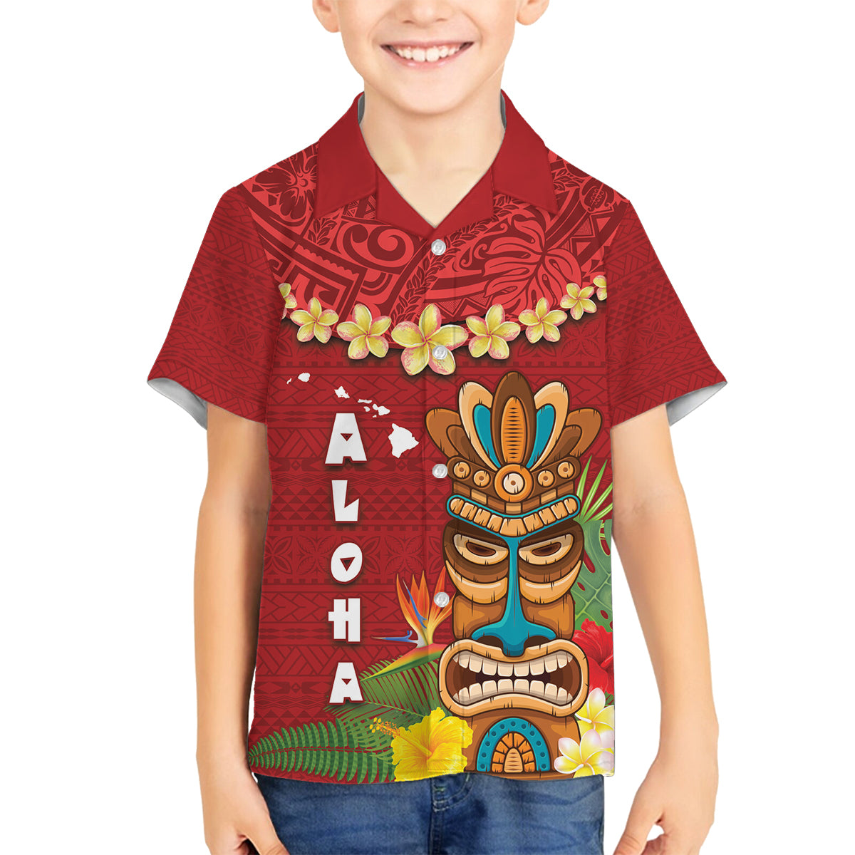 Hawaii Plumeria Lei Family Matching Puletasi and Hawaiian Shirt Tiki and Kakau Pattern Red Color LT03 Son's Shirt Red - Polynesian Pride