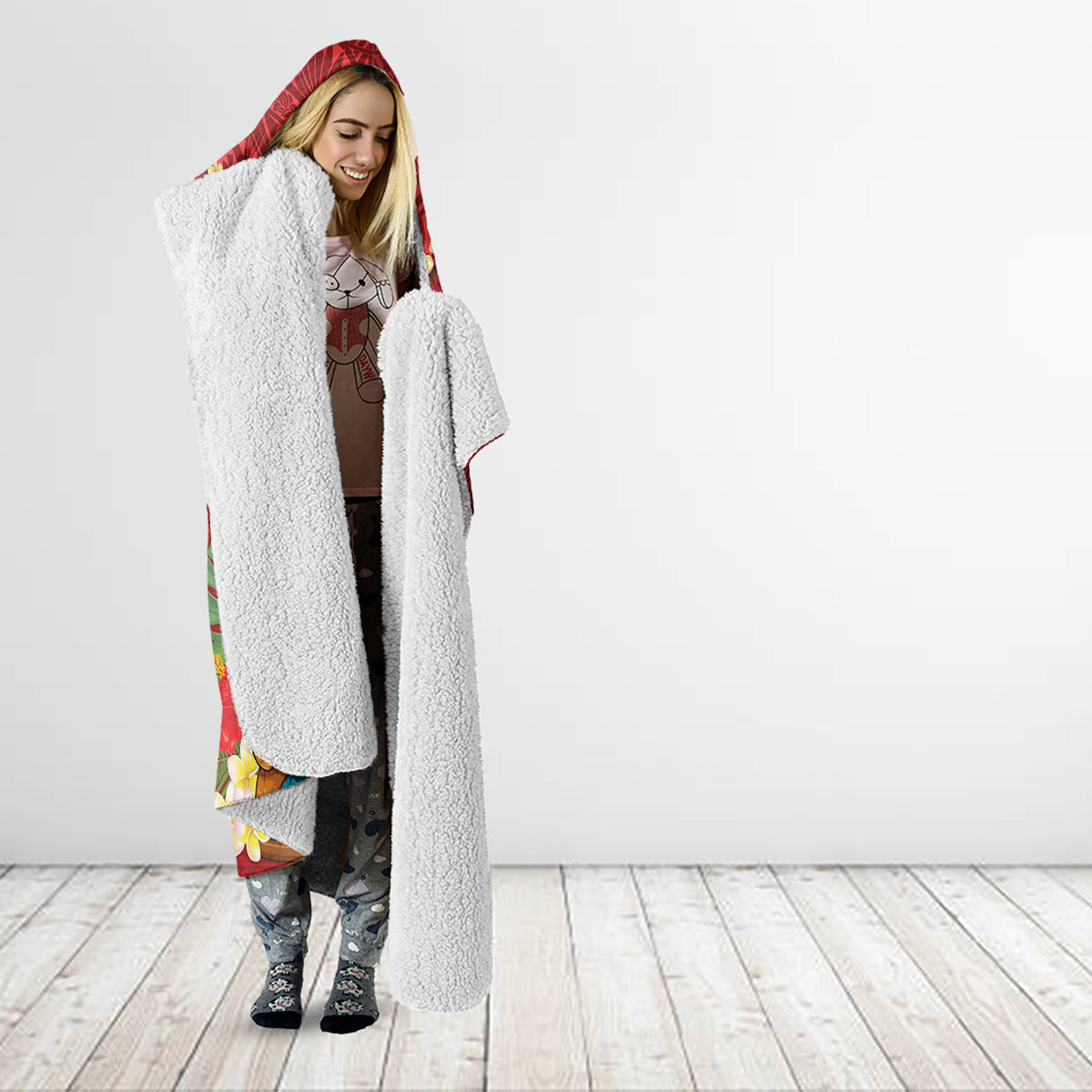 Hawaii Plumeria Lei Hooded Blanket Tiki and Kakau Pattern Red Color