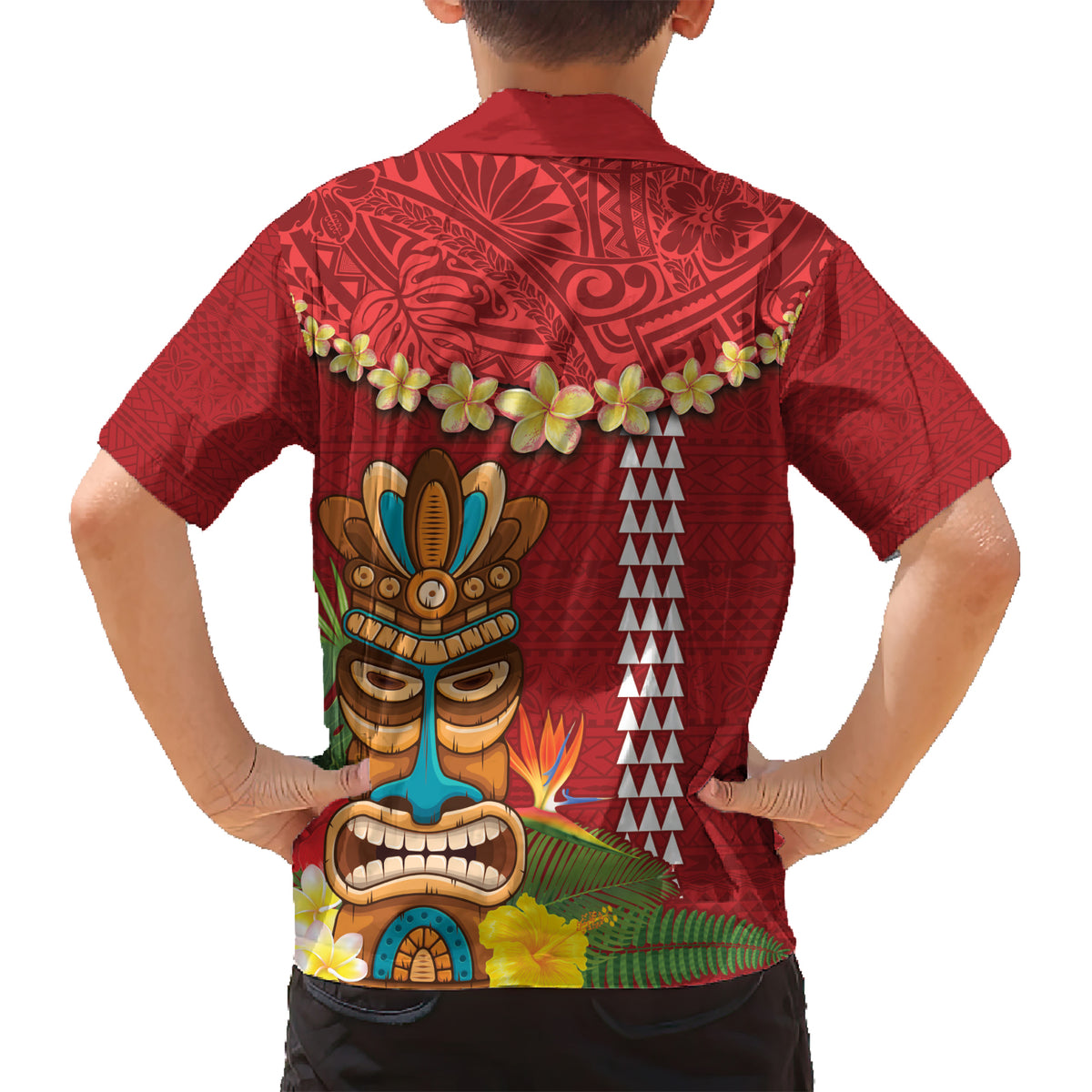 Hawaii Plumeria Lei Kid Hawaiian Shirt Tiki and Kakau Pattern Red Color