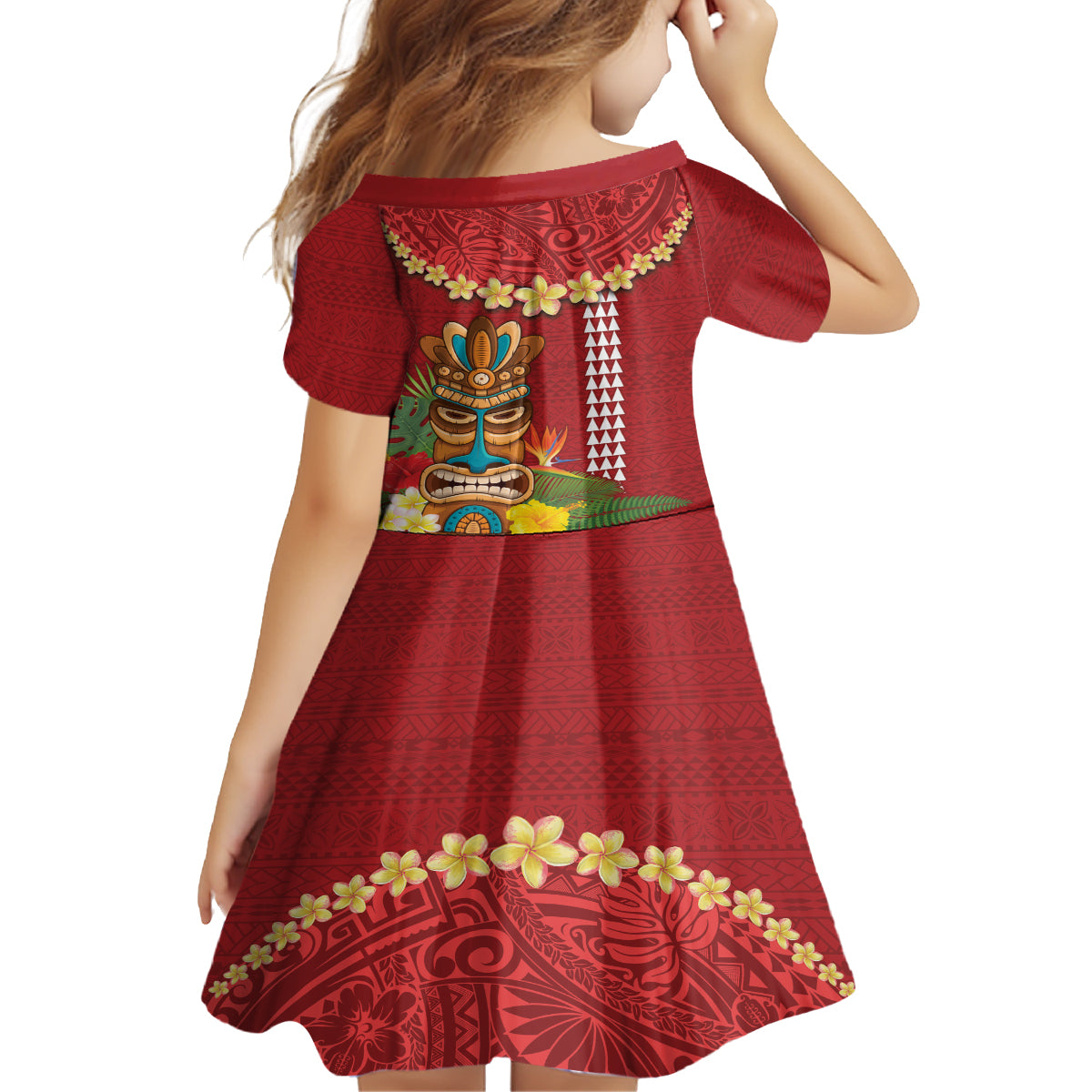Hawaii Plumeria Lei Kid Short Sleeve Dress Tiki and Kakau Pattern Red Color