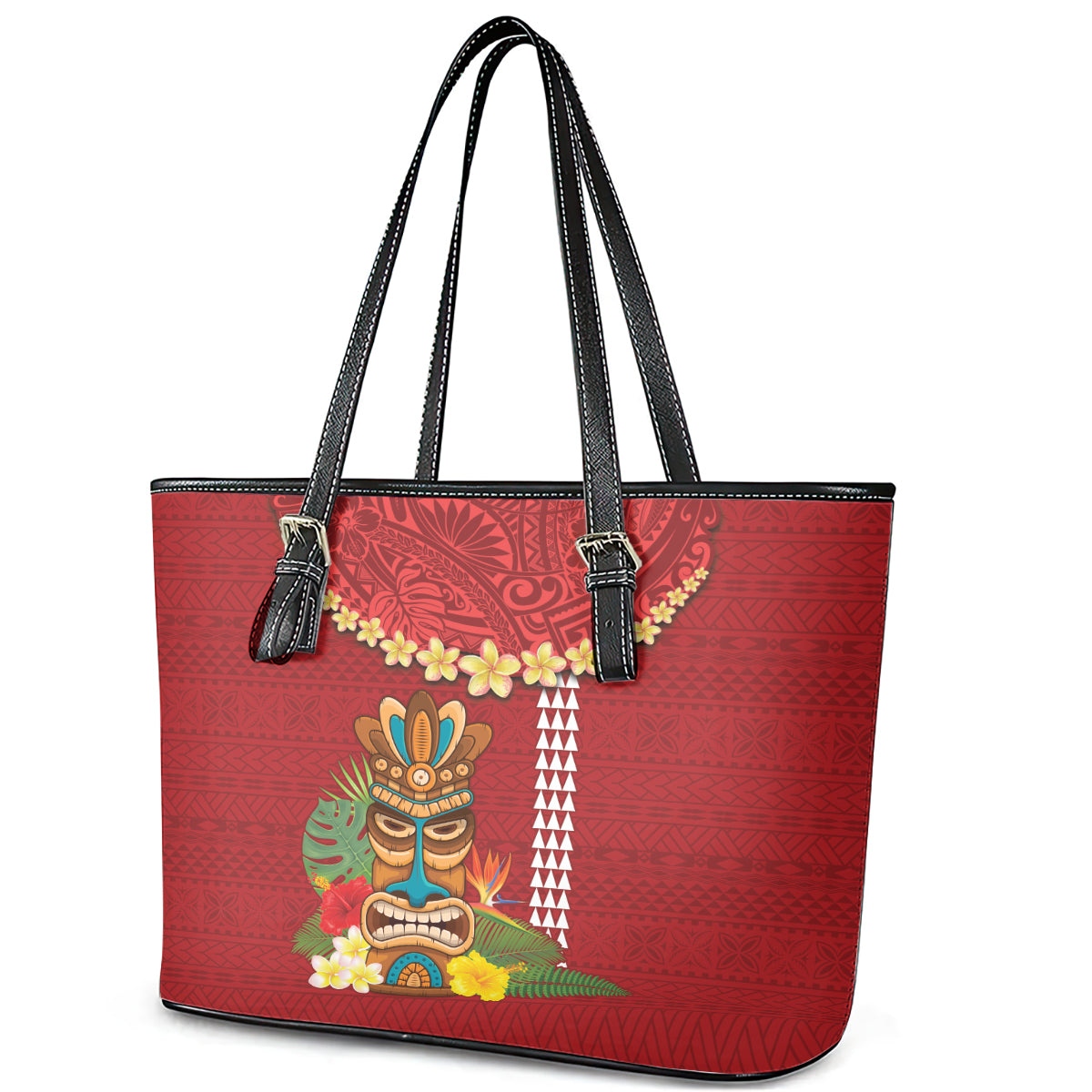 Hawaii Plumeria Lei Leather Tote Bag Tiki and Kakau Pattern Red Color
