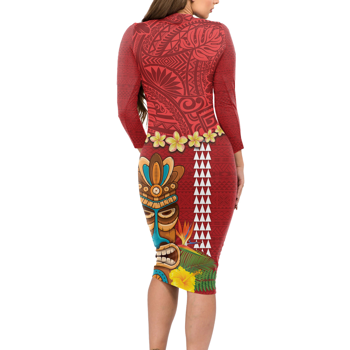 Hawaii Plumeria Lei Long Sleeve Bodycon Dress Tiki and Kakau Pattern Red Color LT03 - Polynesian Pride