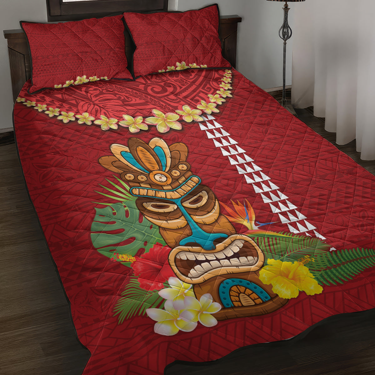 Hawaii Plumeria Lei Quilt Bed Set Tiki and Kakau Pattern Red Color