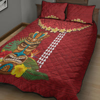 Hawaii Plumeria Lei Quilt Bed Set Tiki and Kakau Pattern Red Color