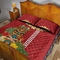 Hawaii Plumeria Lei Quilt Bed Set Tiki and Kakau Pattern Red Color