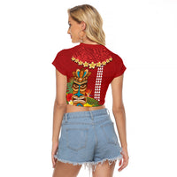 Hawaii Plumeria Lei Raglan Cropped T Shirt Tiki and Kakau Pattern Red Color