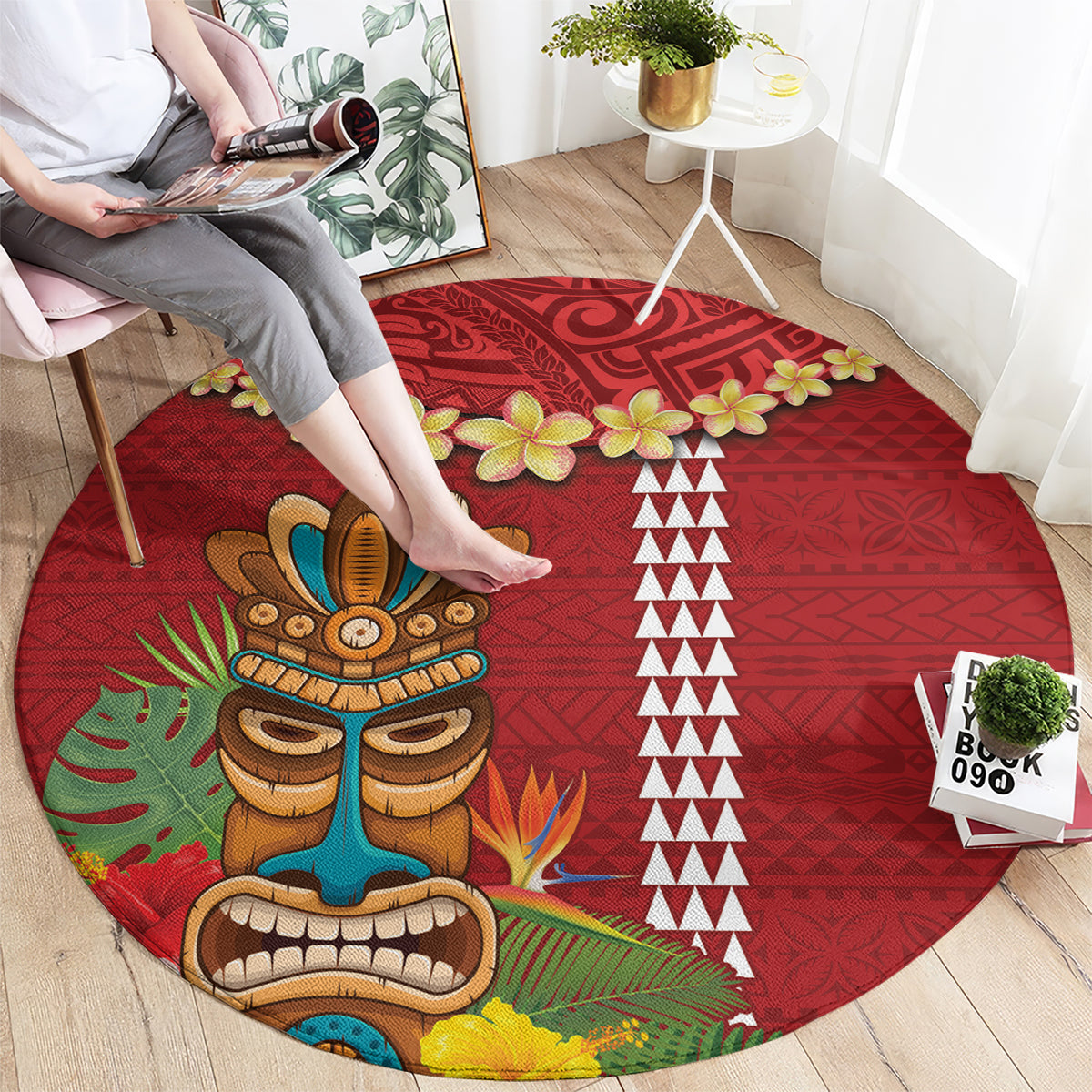 Hawaii Plumeria Lei Round Carpet Tiki and Kakau Pattern Red Color