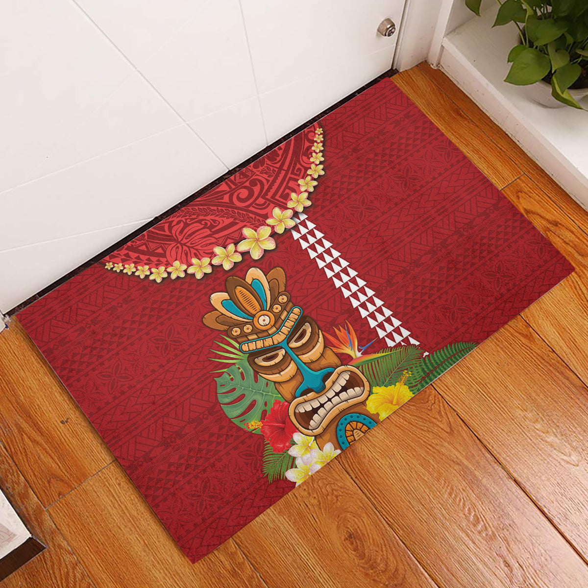 Hawaii Plumeria Lei Rubber Doormat Tiki and Kakau Pattern Red Color