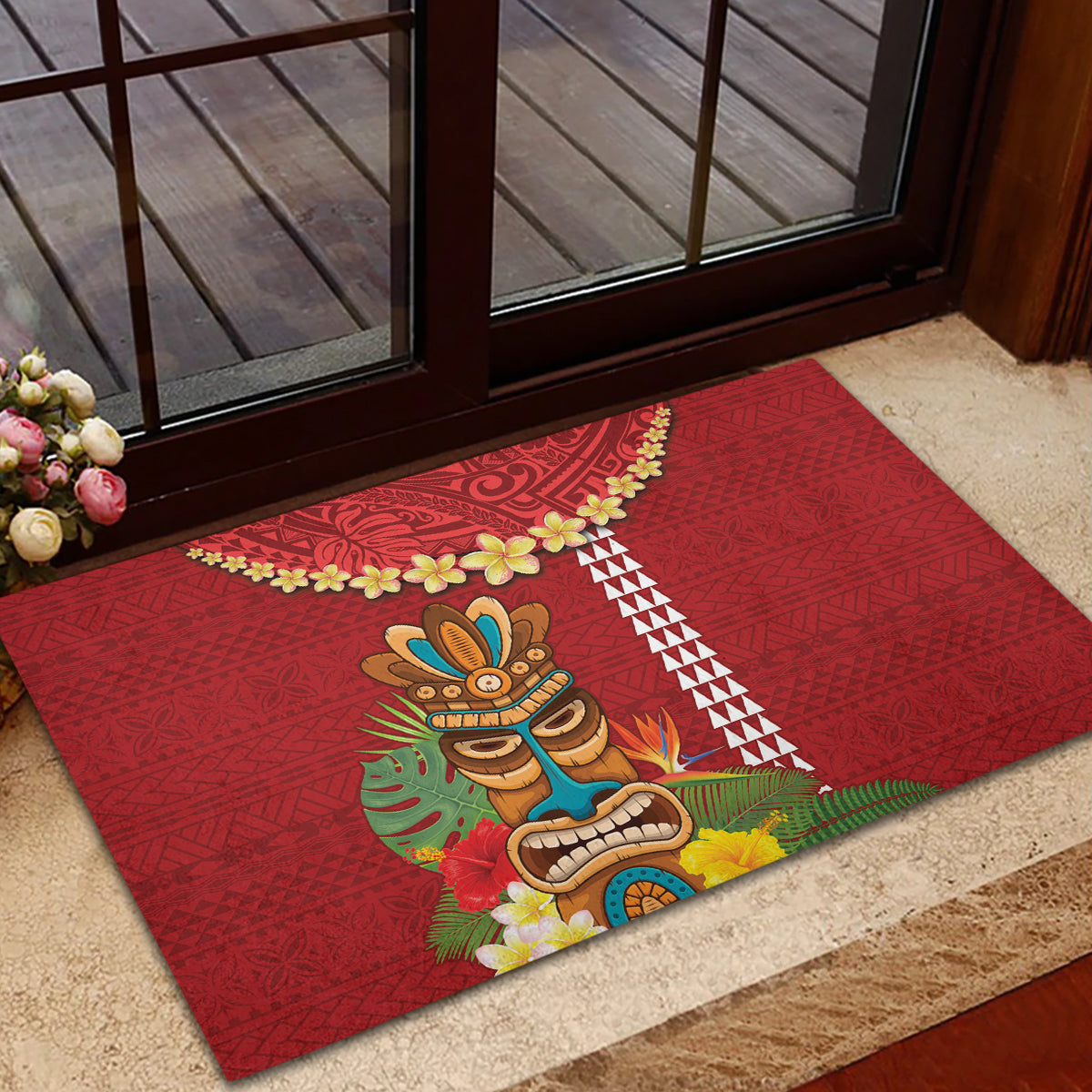 Hawaii Plumeria Lei Rubber Doormat Tiki and Kakau Pattern Red Color