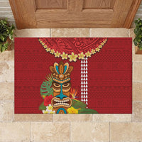 Hawaii Plumeria Lei Rubber Doormat Tiki and Kakau Pattern Red Color