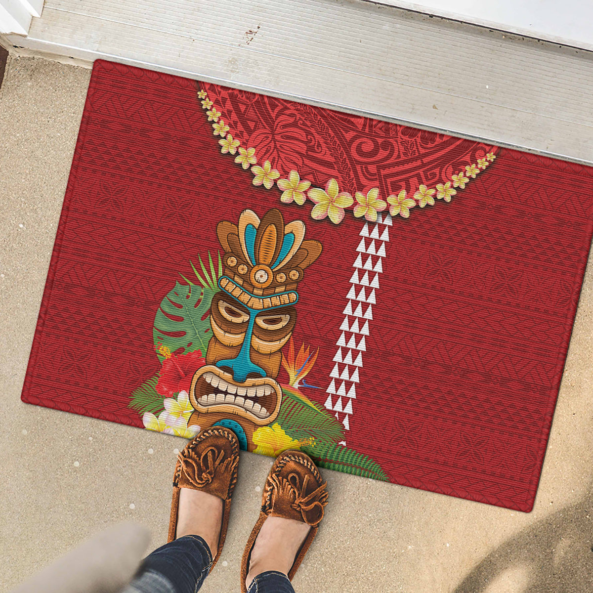Hawaii Plumeria Lei Rubber Doormat Tiki and Kakau Pattern Red Color