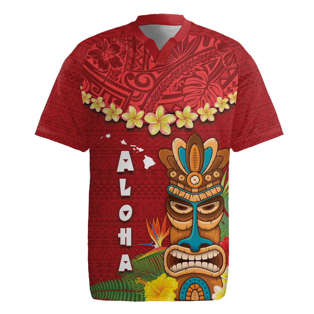 Hawaii Plumeria Lei Rugby Jersey Tiki and Kakau Pattern Red Color