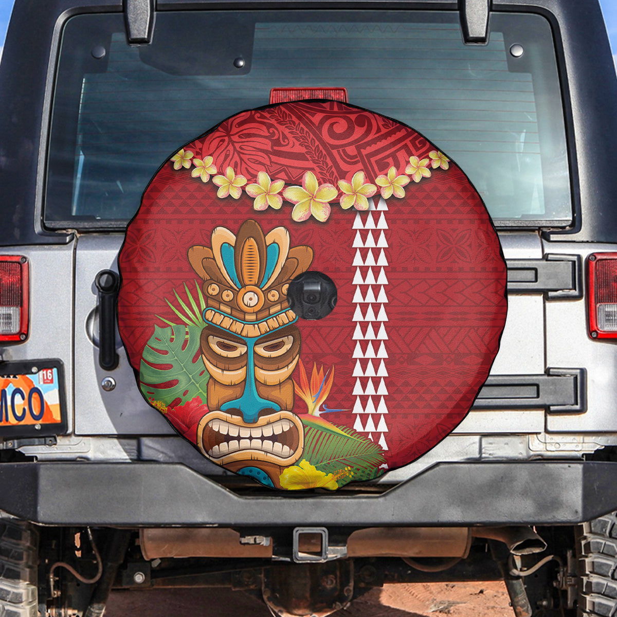 Hawaii Plumeria Lei Spare Tire Cover Tiki and Kakau Pattern Red Color