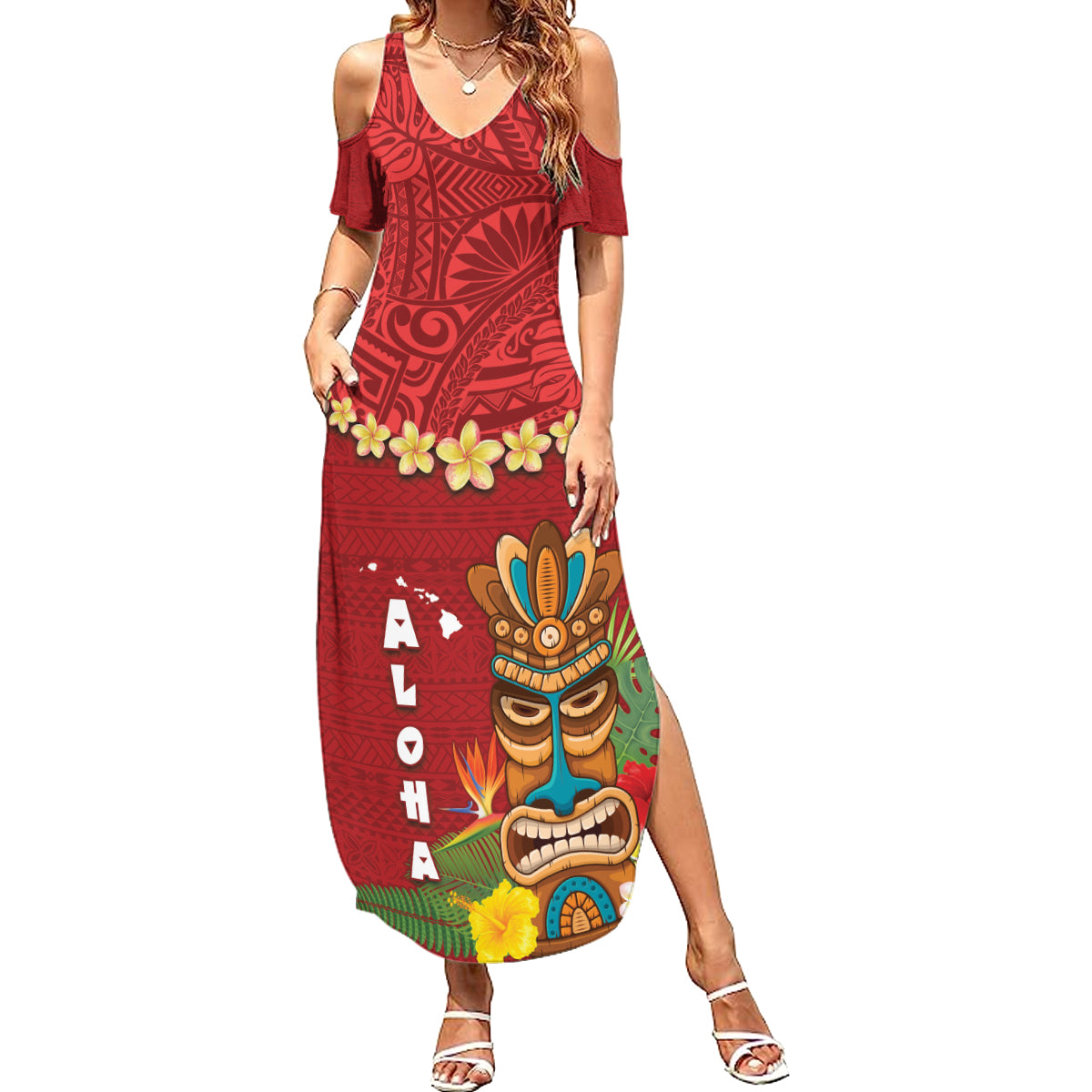 Hawaii Plumeria Lei Summer Maxi Dress Tiki and Kakau Pattern Red Color