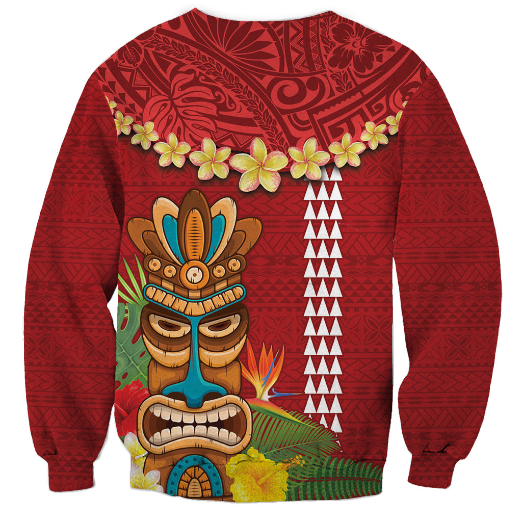 Hawaii Plumeria Lei Sweatshirt Tiki and Kakau Pattern Red Color
