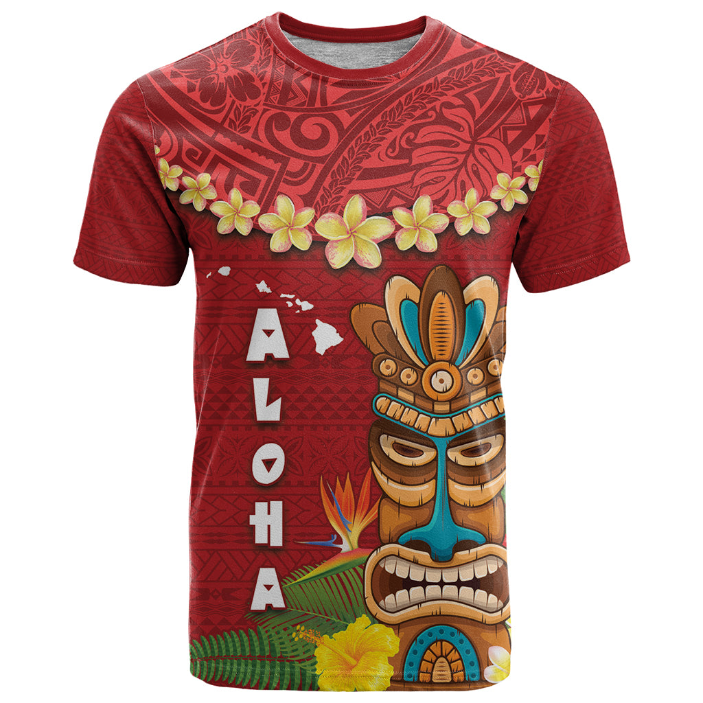 Hawaii Plumeria Lei T Shirt Tiki and Kakau Pattern Red Color