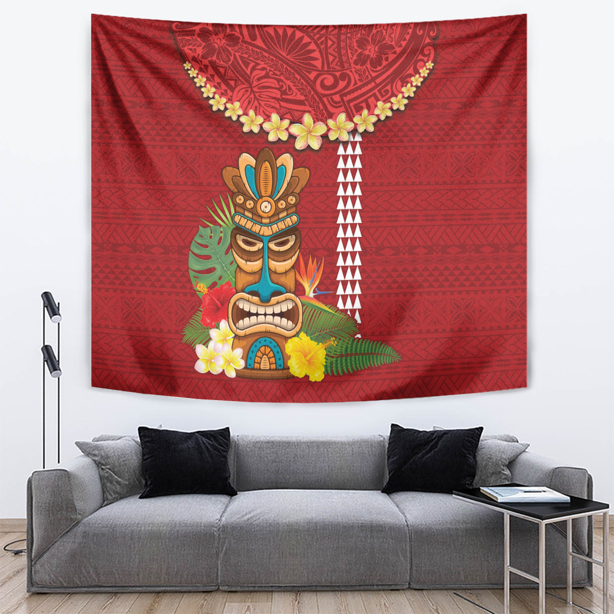Hawaii Plumeria Lei Tapestry Tiki and Kakau Pattern Red Color LT03 Red - Polynesian Pride