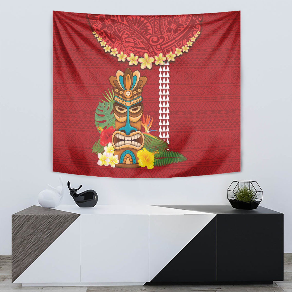 Hawaii Plumeria Lei Tapestry Tiki and Kakau Pattern Red Color LT03 - Polynesian Pride
