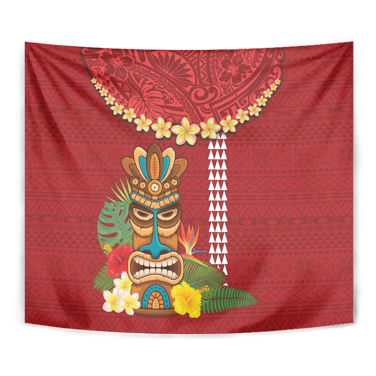 Hawaii Plumeria Lei Tapestry Tiki and Kakau Pattern Red Color LT03 - Polynesian Pride