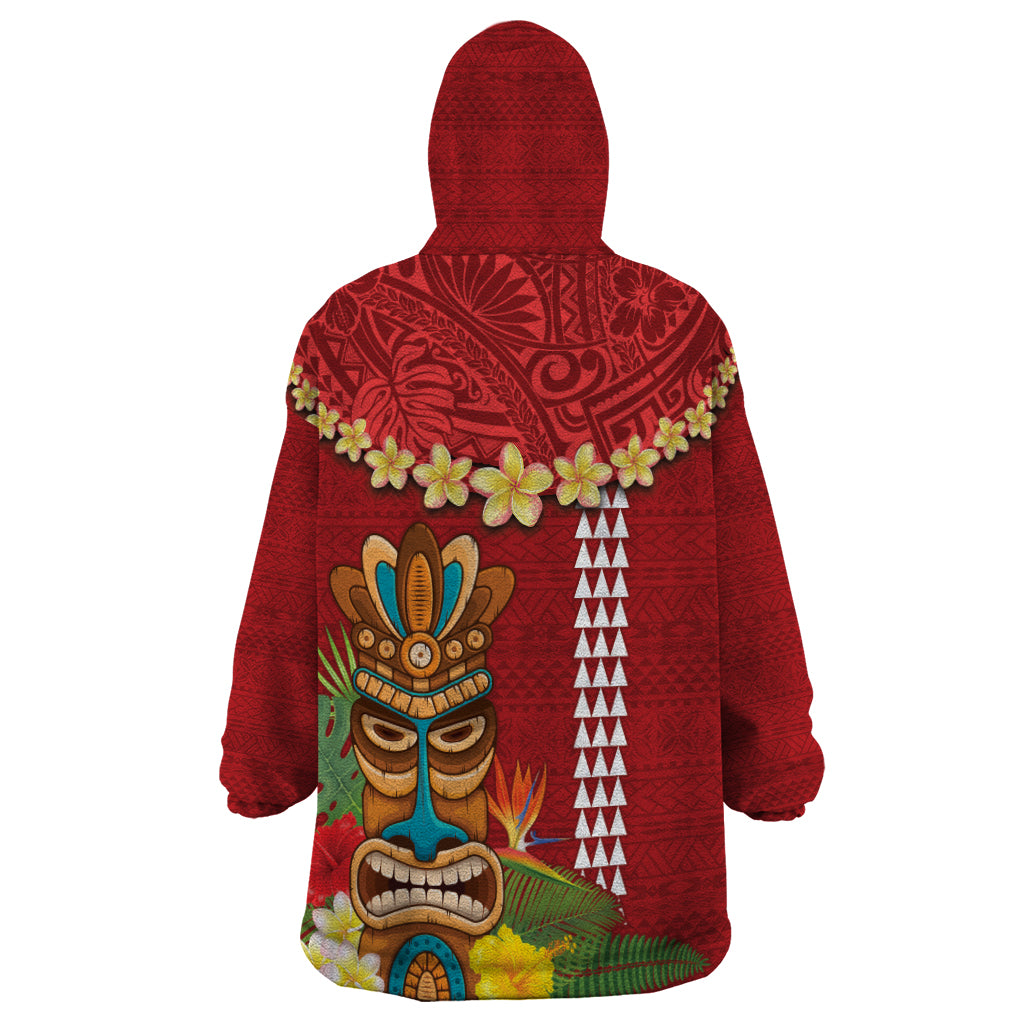 Hawaii Plumeria Lei Wearable Blanket Hoodie Tiki and Kakau Pattern Red Color