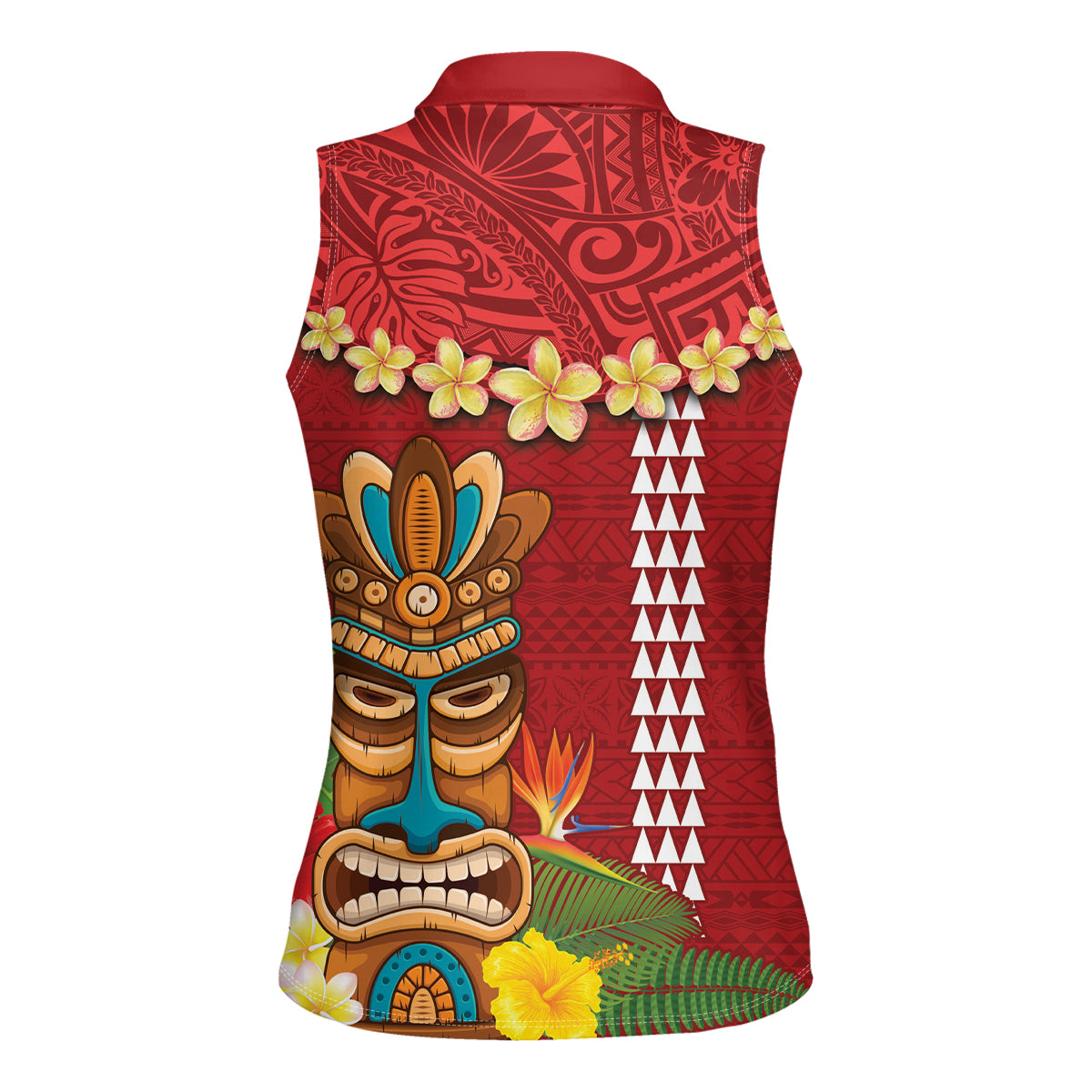Hawaii Plumeria Lei Women Sleeveless Polo Shirt Tiki and Kakau Pattern Red Color