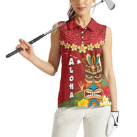Hawaii Plumeria Lei Women Sleeveless Polo Shirt Tiki and Kakau Pattern Red Color